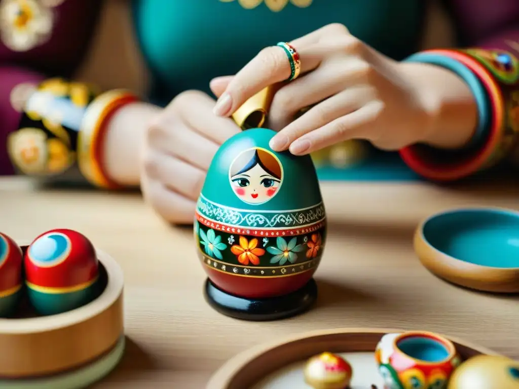 Artesano pintando detallados patrones rusos en matrioshkas, mostrando origen y significado de estas icónicas muñecas rusas