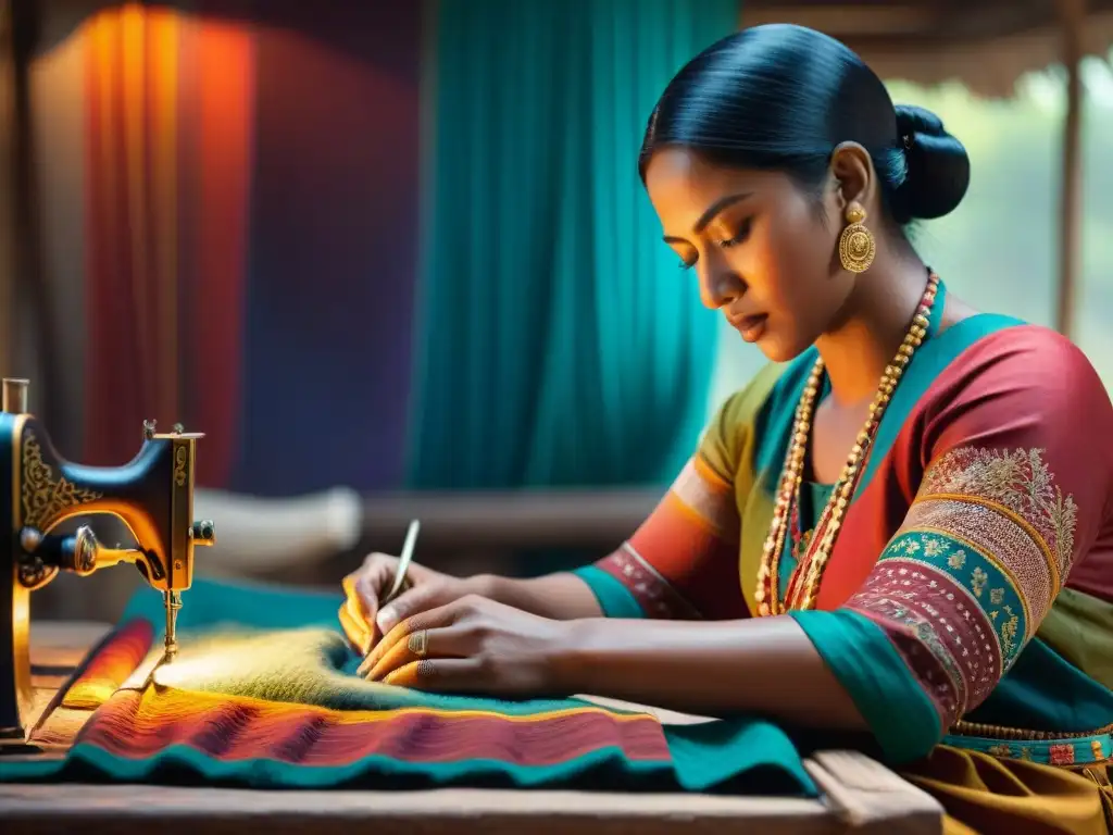 Un artesano hábil replica con detalle una prenda tradicional en un taller iluminado con hilos y patrones