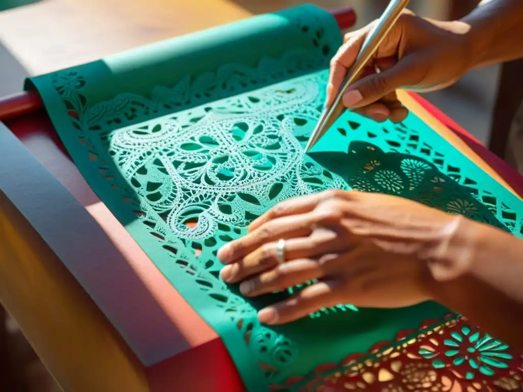 Un artesano experto tallando meticulosamente patrones en papel picado en juegos tradicionales