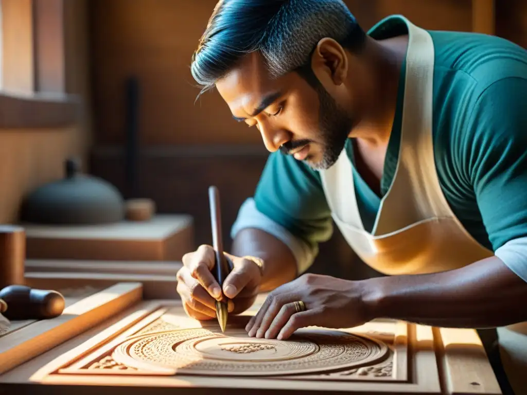 Un artesano experto construyendo una tabla de Go estratégico con herramientas tradicionales, en un taller soleado y detallado