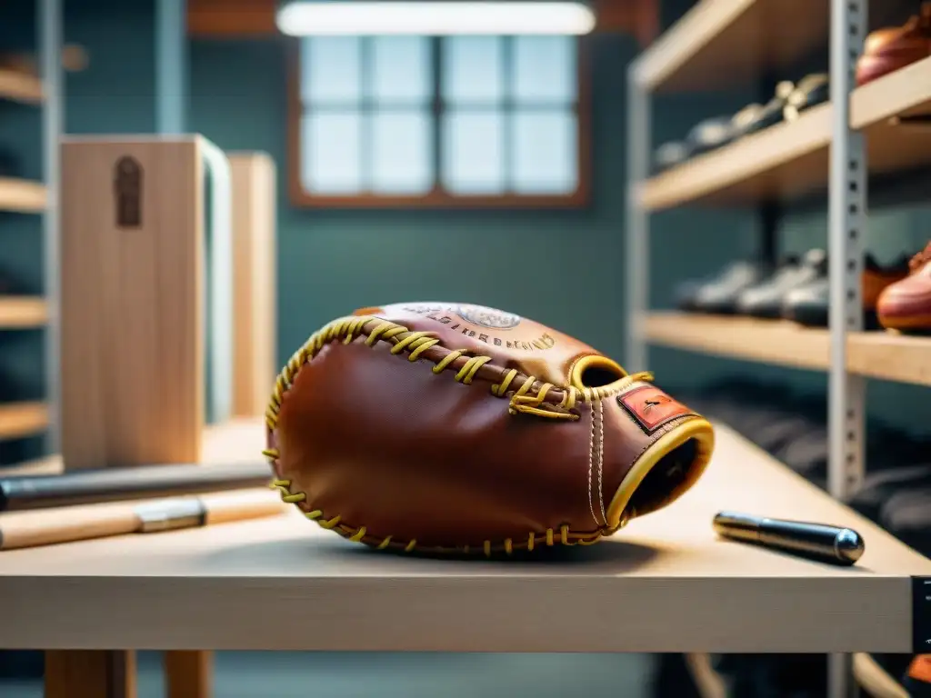 Artesano cosiendo detalladamente un guante de béisbol en taller