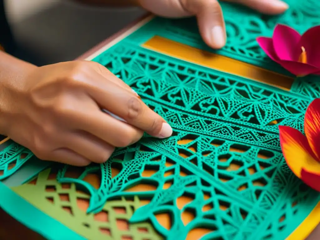 Un artesano habilidoso crea papel picado en juegos tradicionales, destacando la artesanía mexicana