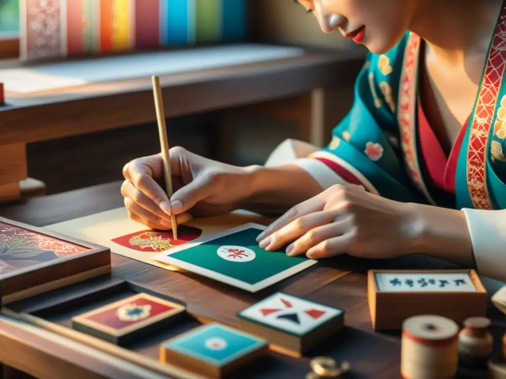 Un artesano japonés crea con dedicación una carta Hanafuda, rodeado de coloridas cartas y herramientas en su banco de trabajo de madera