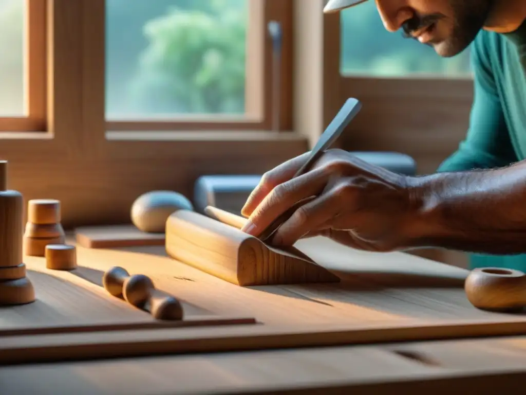 Un artesano crea un juguete de madera con detalle y dedicación, reflejando la sostenibilidad en empresas juguetes sostenibles medio ambiente