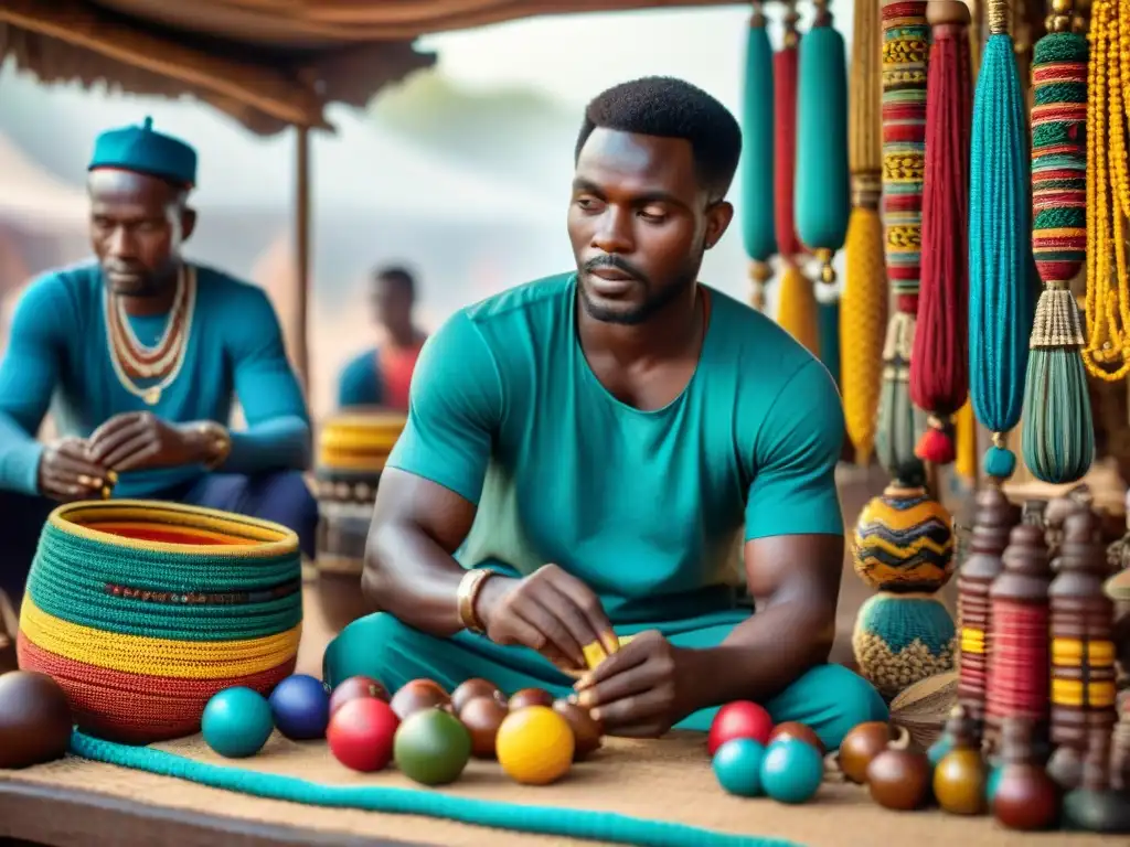 Artesanos africanos en mercado colorido revitalizando juegos tradicionales