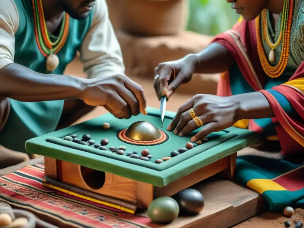 Artesanos africanos restaurando tablero de Mancala, preservación juegos culturales tradicionales