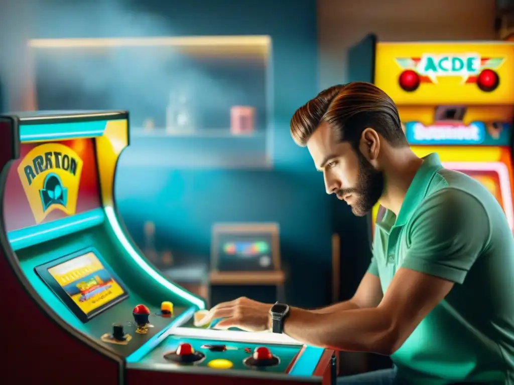 Artista restaurando con cuidado un gabinete de arcade antiguo, reviviendo juegos con técnicas meticulosas en un taller nostálgico