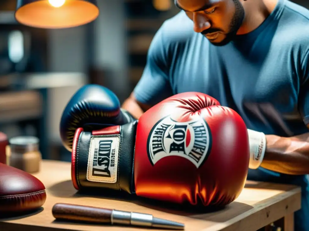 Un artista con manos expertas crea con arte guantes de boxeo personalizados, mostrando detalles meticulosos