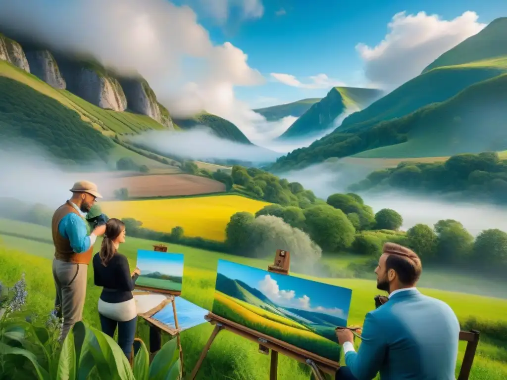 Artistas europeos pintando al aire libre, reflejando el nacionalismo a través de sus pinceladas vibrantes