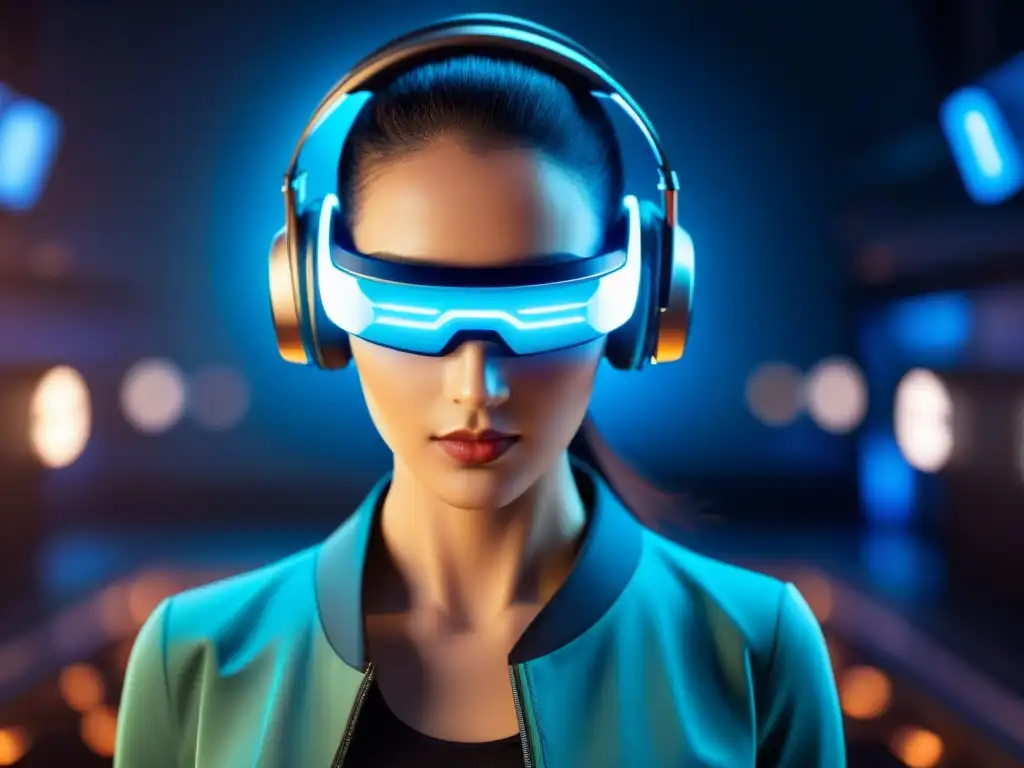 Un asistente virtual futurista con ojos brillantes, junto a datos de gaming