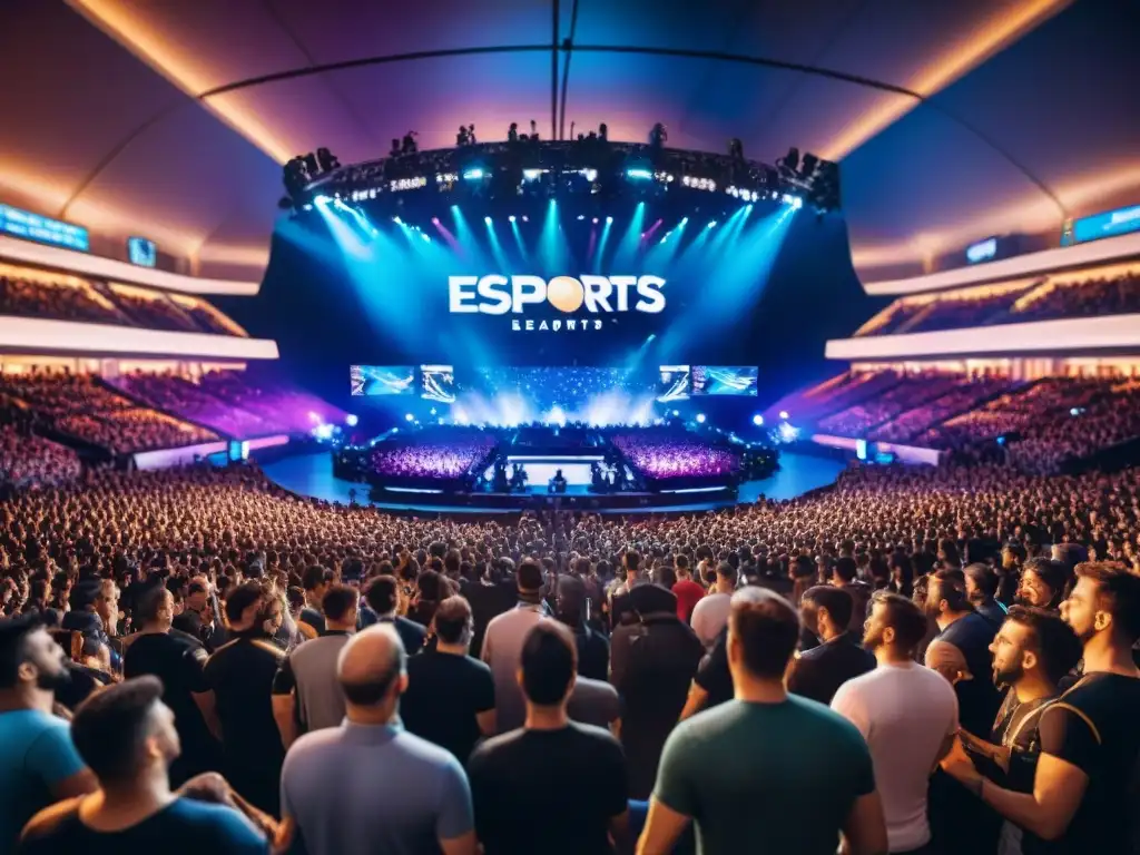 Aspectos legales de los eSports: Torneo lleno de emoción, jugadores concentrados ante pantallas, espectadores animados y luces coloridas