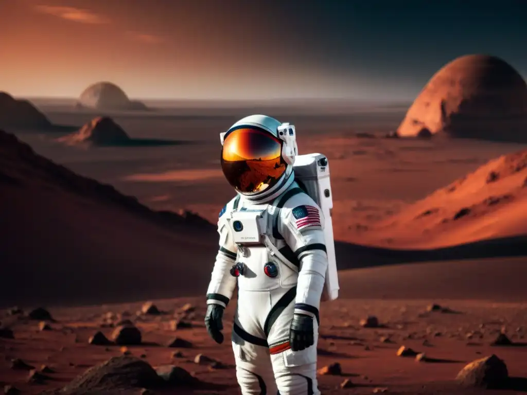 Explorando Marte: Astronauta en traje espacial futurista Un astronauta en Marte, reflejando la belleza del paisaje marciano con naves espaciales en el horizonte