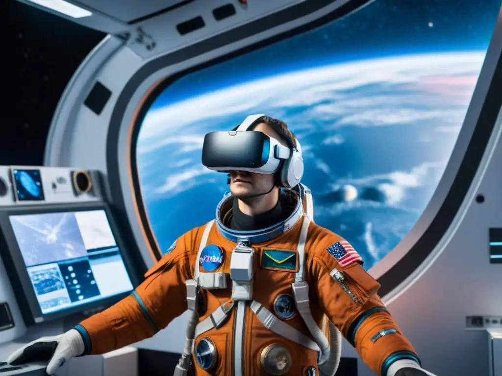 Un astronauta experimenta la exploración espacial con realidad virtual en la estación, rodeado de tecnología avanzada y simulaciones galácticas