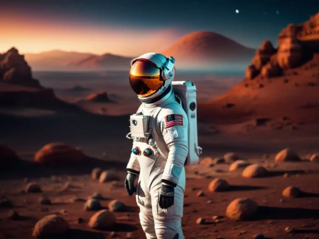 Un astronauta explora Marte con realidad virtual, bajo un atardecer ígneo