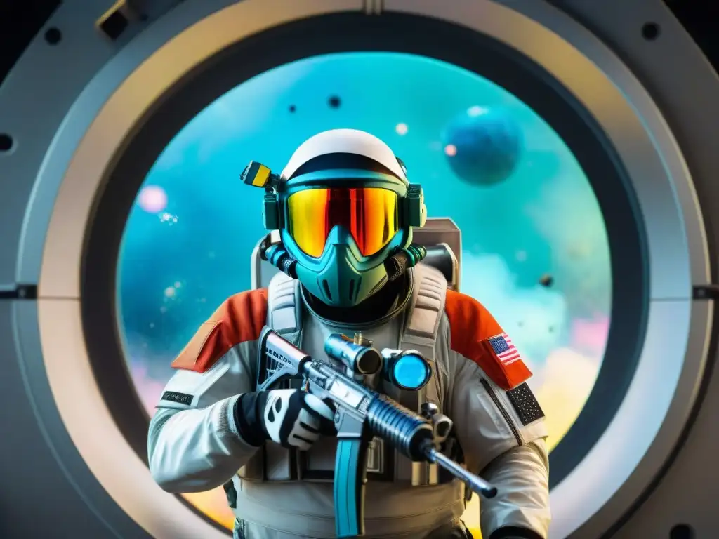 Un astronauta en traje espacial en una intensa partida de paintball en una estación espacial futurista