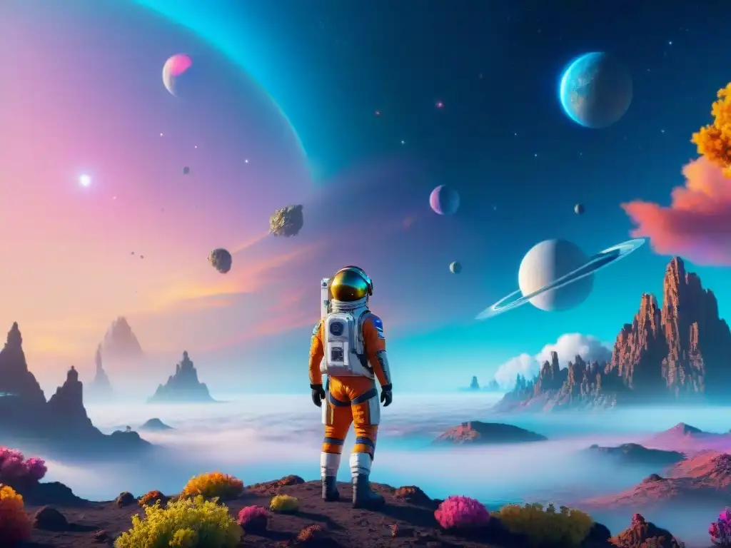 Astronauta en traje espacial en planeta alienígena con flora exuberante y cielo colorido en No Man's Sky