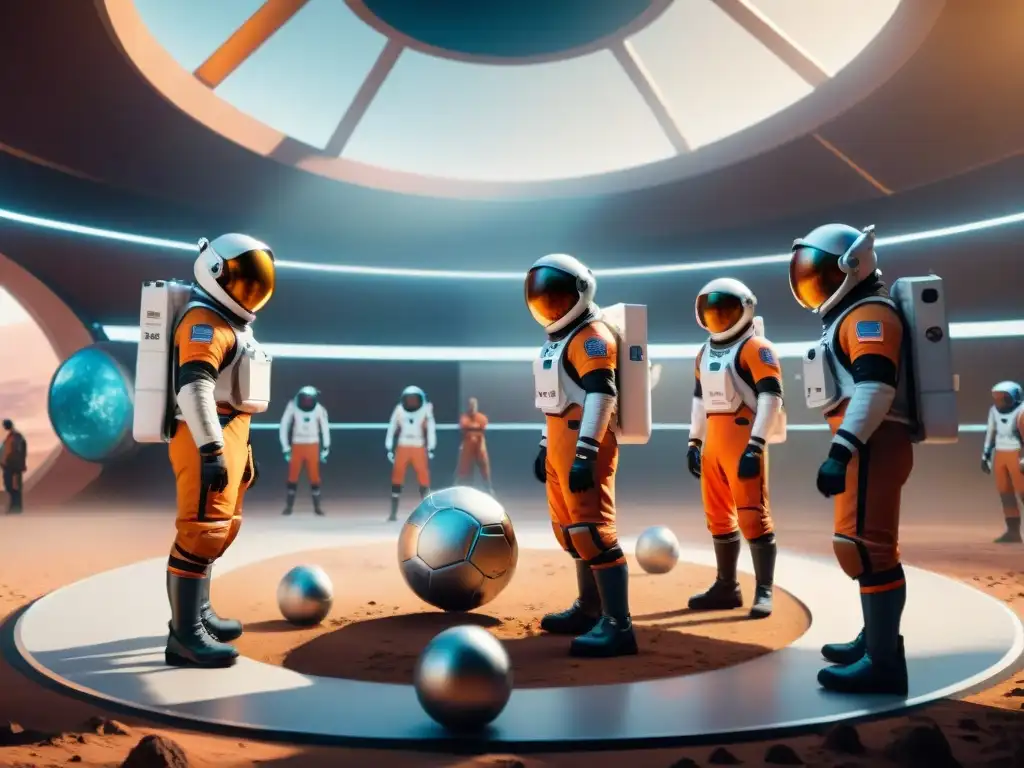 Partido de fútbol en Marte: Astronautas compiten en gravedad cero Astronautas juegan fútbol en Marte: competencia y entretenimiento en la colonia futurista