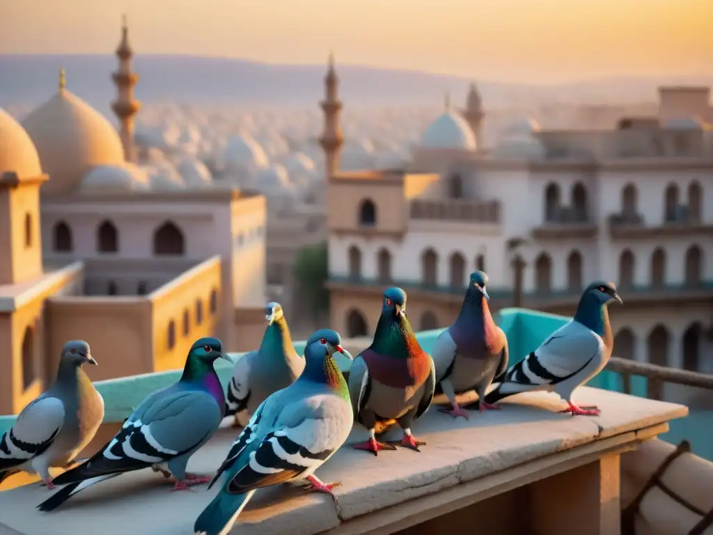 Un atardecer cálido ilumina palomares ornamentados en edificios tradicionales del Medio Oriente, donde apasionados cuidan sus aves