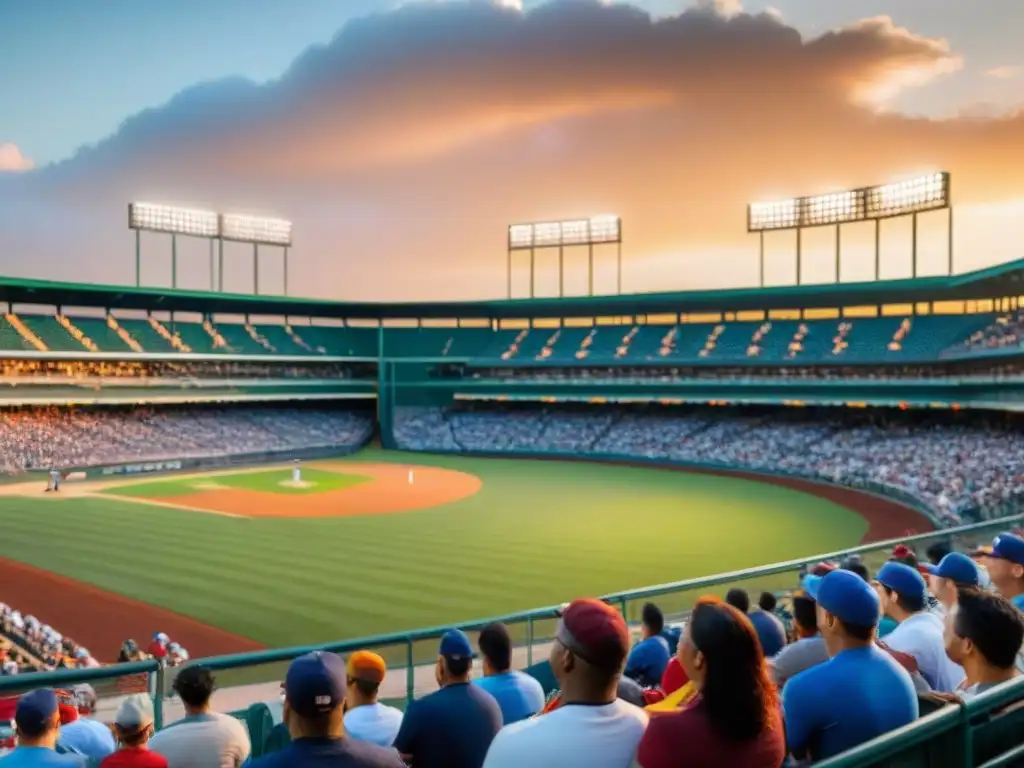 Un atardecer en el campo de béisbol, jugadores de diversas culturas unidos en el deporte, reflejando la evolución del béisbol en culturas