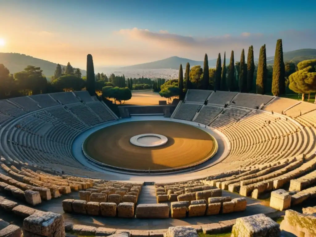 Un atardecer dorado ilumina el estadio olímpico de la antigua Olimpia, Grecia