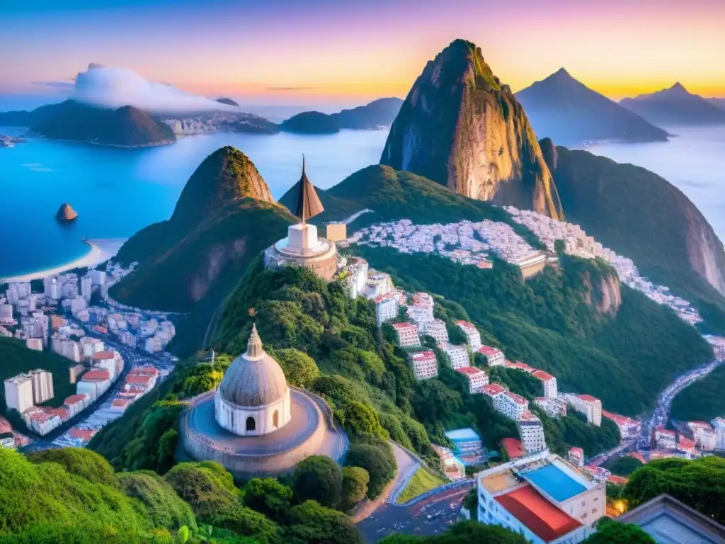 Un atardecer vibrante sobre las calles bulliciosas de Río de Janeiro, con el Pan de Azúcar y el Cristo Redentor destacando