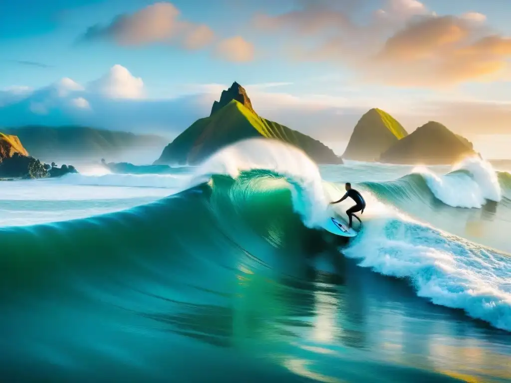 Un atardecer vibrante en Punta Rocas, Perú, con surfistas en acción