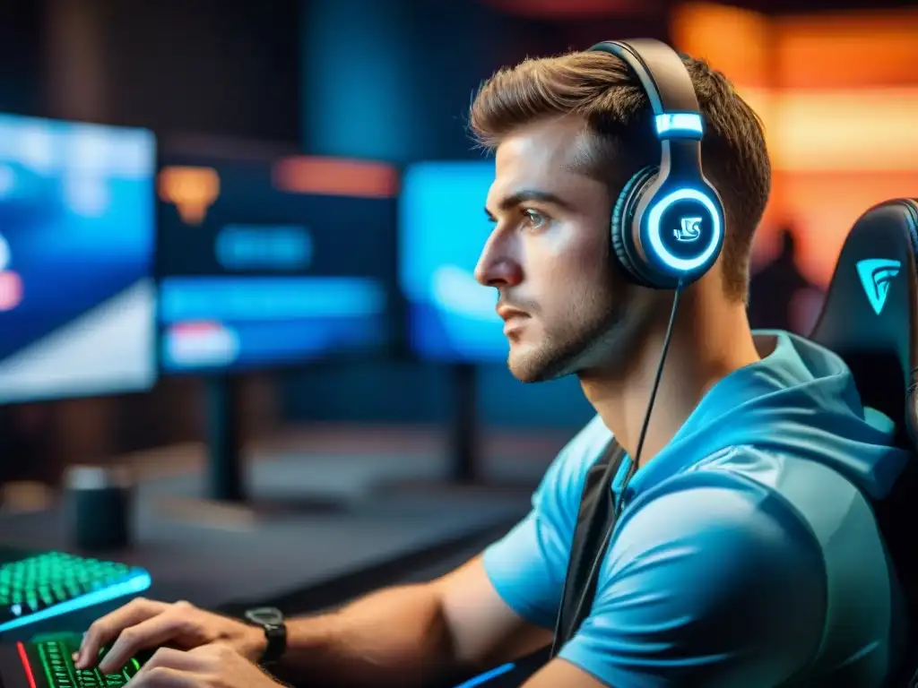 Un atleta de eSports concentrado en una competencia virtual, rodeado de trofeos y pósters