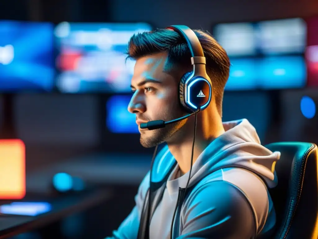 Un atleta de eSports concentrado en su entrenamiento, rodeado de tecnología y determinación