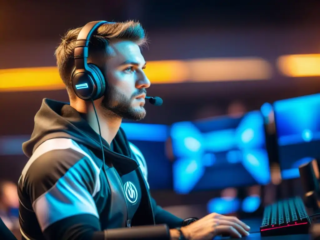 Un atleta de eSports concentrado en el entrenamiento efectivo, rodeado de tecnología y determinación en una habitación futurista