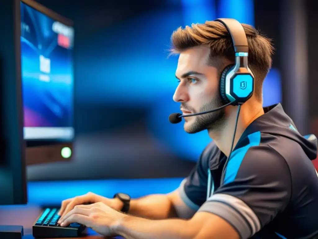 Un atleta de eSports concentrado rodeado de tecnología, analizando estrategias