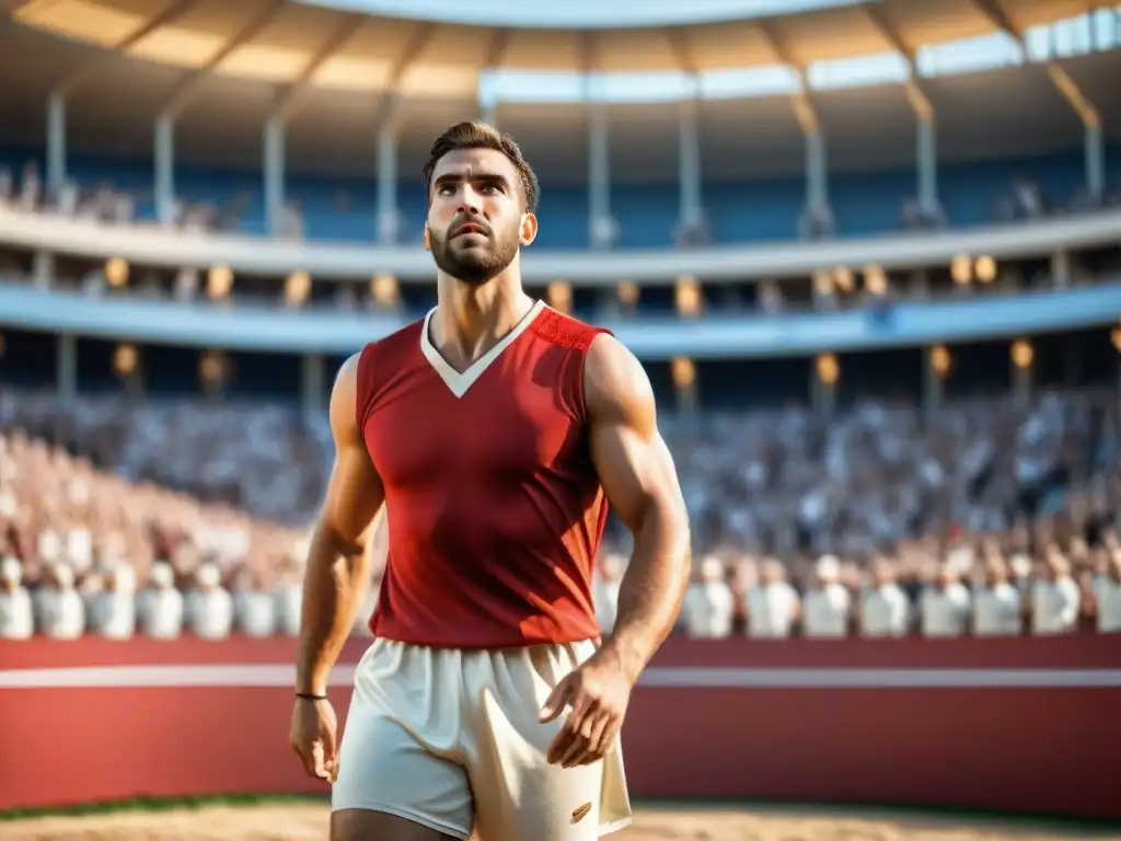 Atleta griego en estadio soleado con túnica roja, simbolizando coraje y fuerza