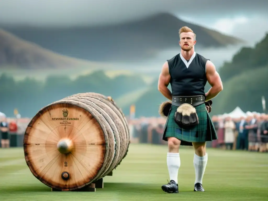 Un atleta de los Juegos celtas tradicionales muestra su fuerza al lanzar un tronco, envuelto en un paisaje escocés tradicional