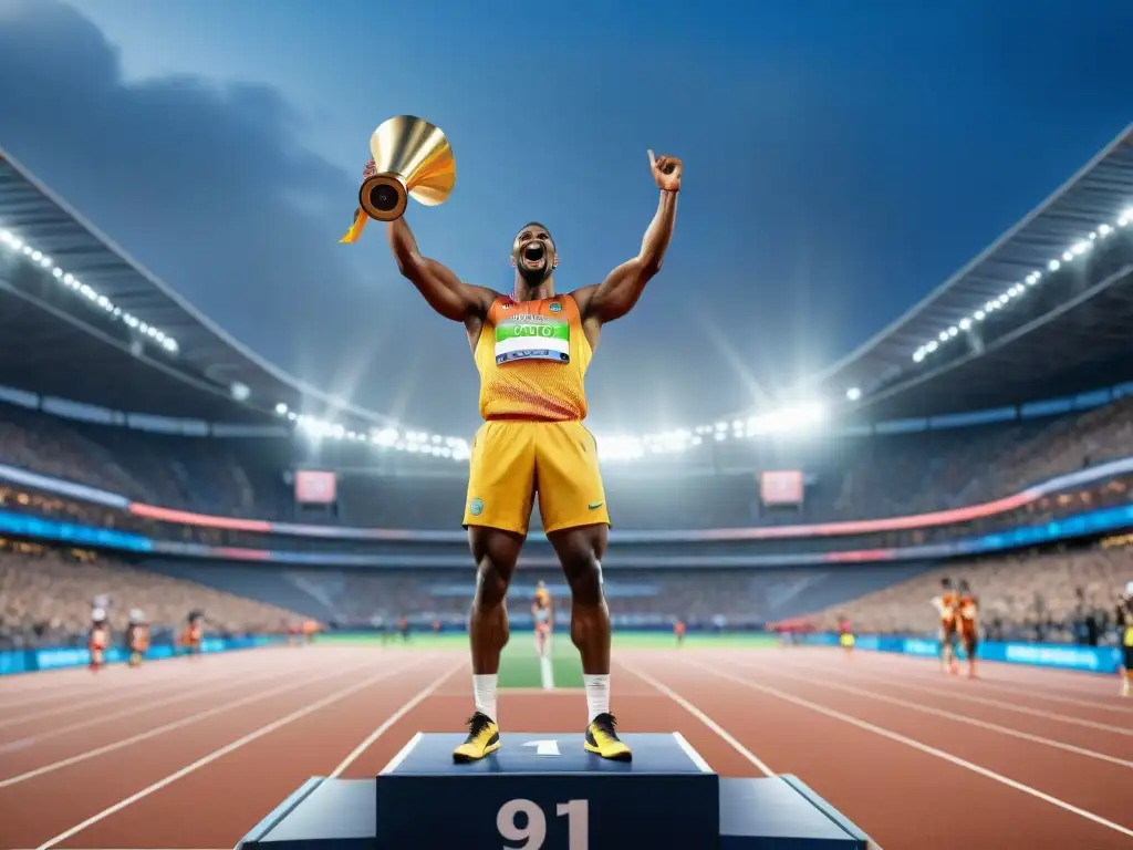 Un atleta triunfante levantando trofeo de oro en un estadio lleno de gente emocionada