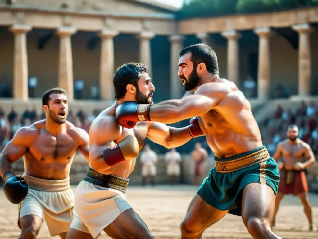 Dos atletas griegos antiguos compiten en un combate de pankration en un escenario arenoso, rodeados de espectadores y la arquitectura de Olympia