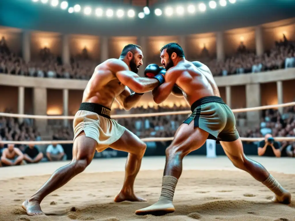 Dos atletas griegos antiguos luchan en un intenso combate de Pankration en una arena de arena, rodeados de espectadores