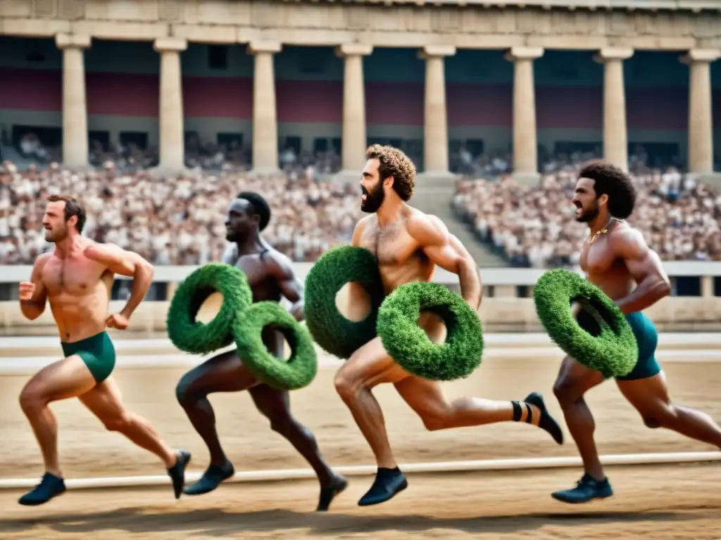 Competencia de atletas griegos en el Estadio de Olimpia Atletas griegos compiten en los antiguos Juegos Olímpicos, historia de los premios
