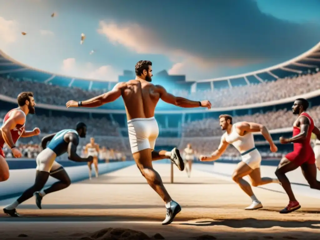 Atletas griegos compitiendo en los Juegos Olímpicos antiguos, mostrando la filosofía de los Juegos Olímpicos