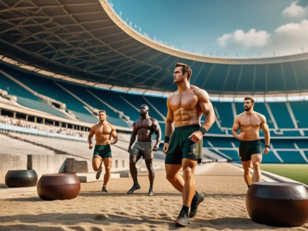 Atletas griegos entrenando con tecnología en Juegos Olímpicos antiguos en el Estadio de Olimpia