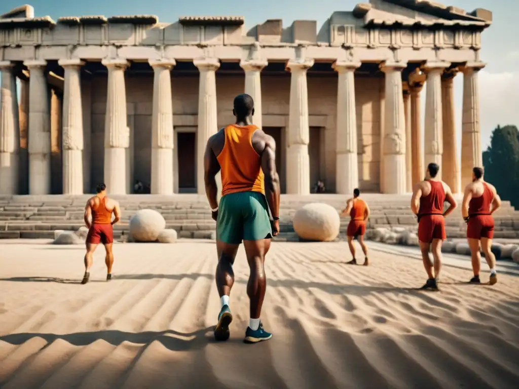 Entrenamiento épico: Atletas olímpicos en acción Atletas olímpicos en entrenamiento antiguo bajo el sol abrasador de Grecia, levantando pesas y corriendo en pista polvorienta