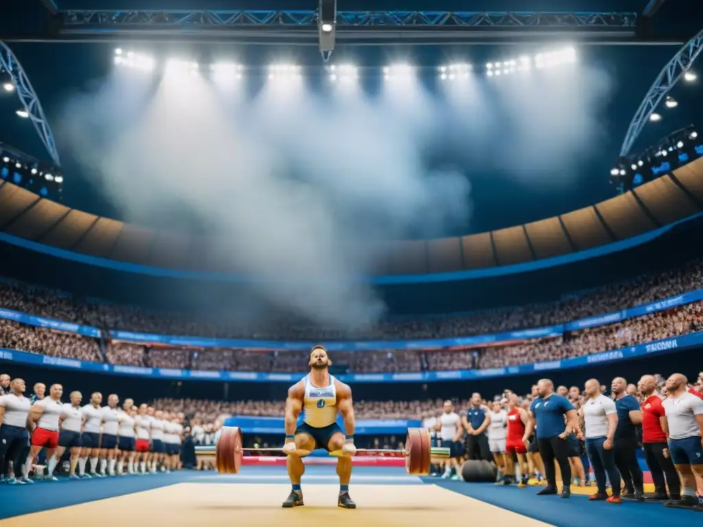 Competición de halterofilia en Europa: atletas sudorosos y determinados en un estadio lleno, con espectadores entusiastas y banderas ondeando