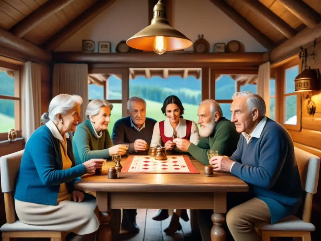 Atmósfera de camaradería en un chalet alpino suizo con ancianos jugando Jass