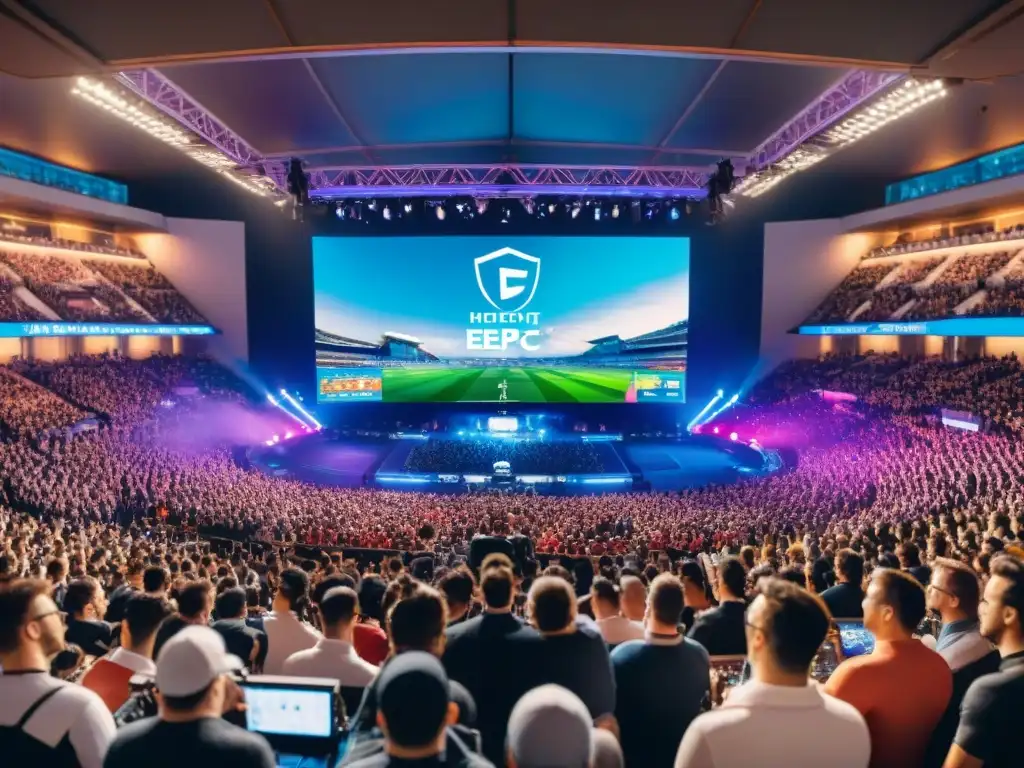 Atmósfera electrizante de un estadio lleno de fanáticos viendo una intensa partida de eSports a nivel mundial