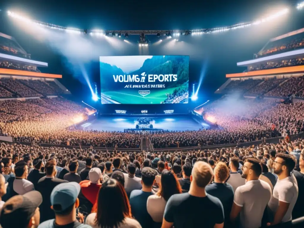 Una atmósfera electrizante en un estadio repleto de fanáticos entusiastas de los eSports, viviendo la historia de los eSports en Culturas