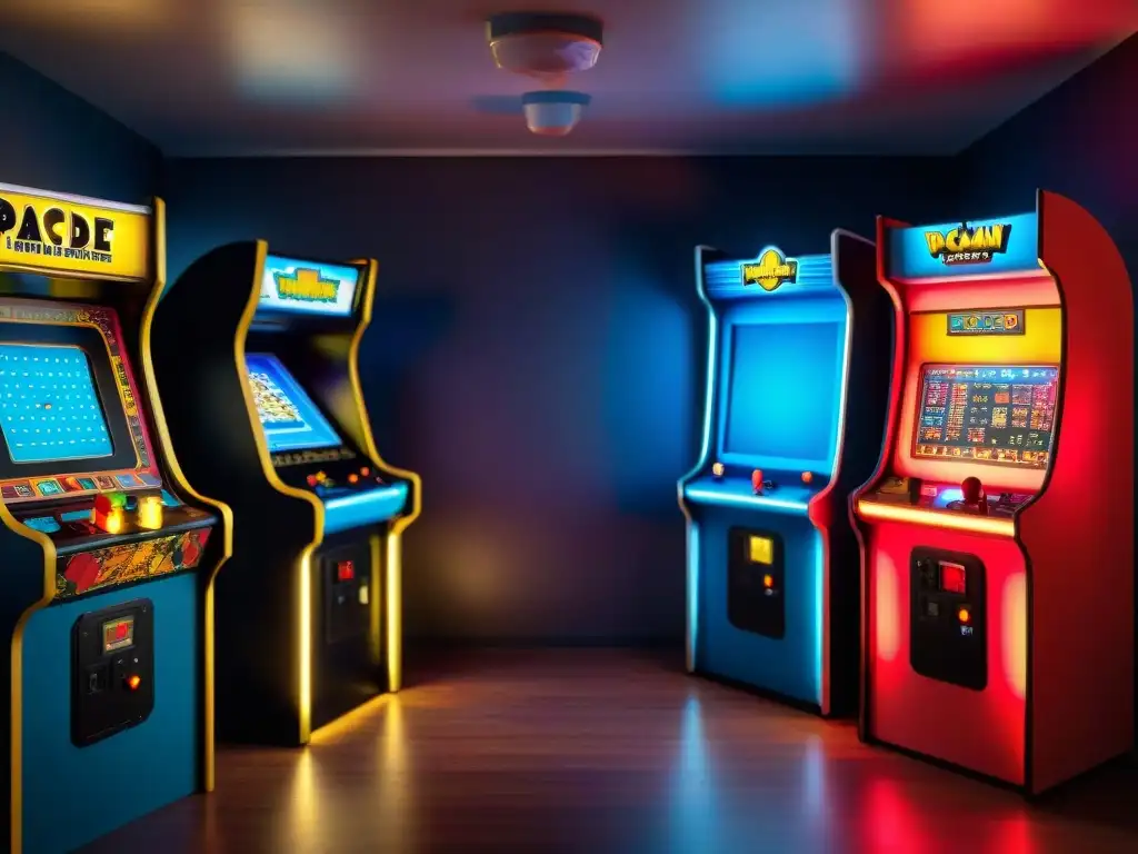 Transformación de juegos retro en una atmósfera nostálgica y tecnológica con máquinas clásicas iluminadas por neón en un arcade vintage