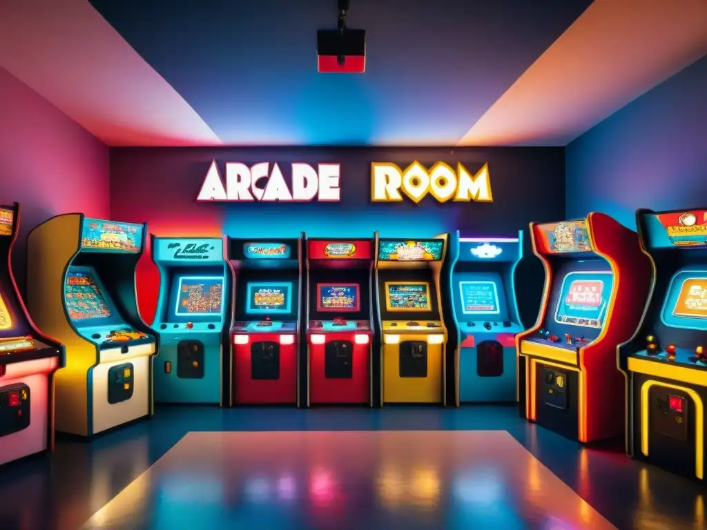 Inmersión en la atmósfera retro de un salón arcade vintage, con juegos clásicos y diversidad de jugadores concentrados