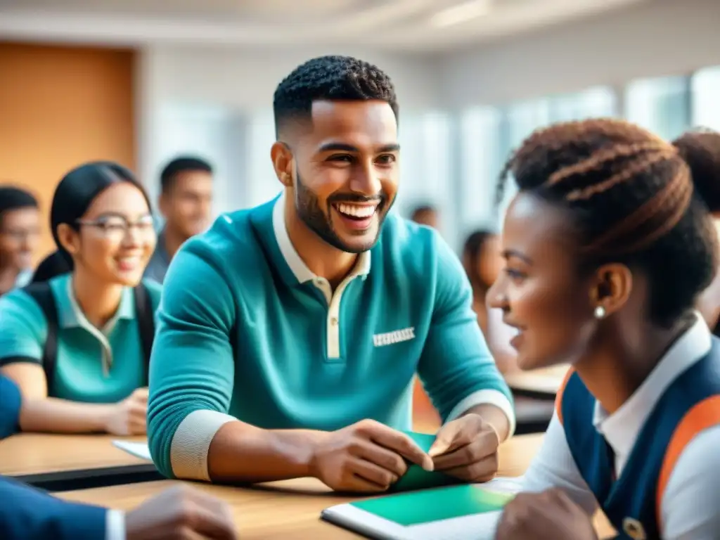 Un aula dinámica con estudiantes participando en juegos educativos, fomentando la integración de juegos en educación