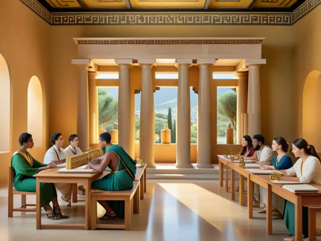 Un aula inspirada en la antigua Grecia, con estudiantes participando en juegos educativos sobre culturas antiguas