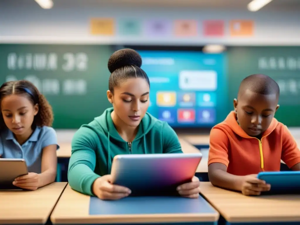 Un aula moderna y dinámica con niños participando en juegos educativos tecnológicos, equilibrando diversión y aprendizaje