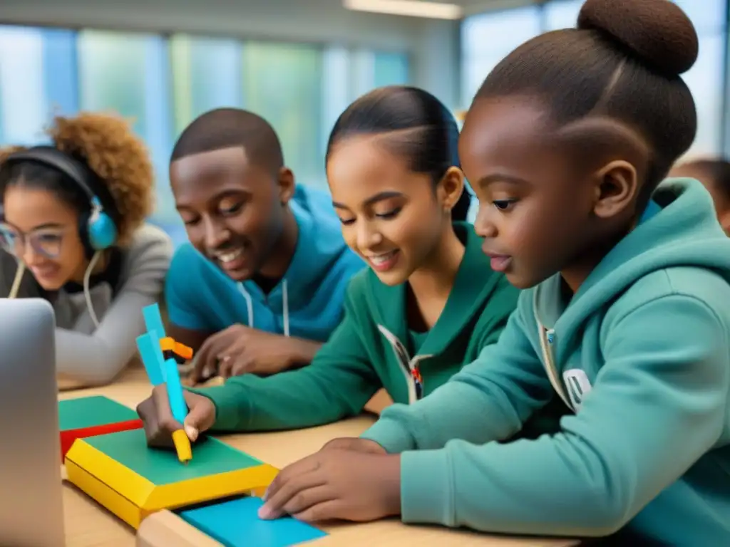 Un aula moderna llena de niños entusiasmados participando en juegos educativos para habilidades siglo XXI