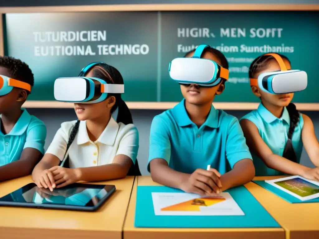 Un aula moderna con niños diversos participando en juegos educativos para habilidades siglo XXI con tecnología futurista